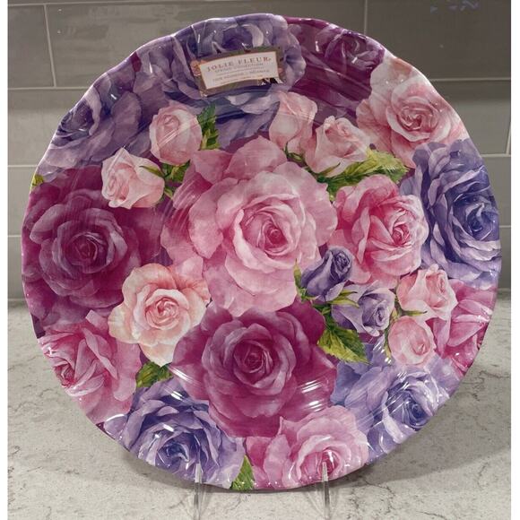 Jolie Fleur Multicolor Rose Melamine Serving Bowl 13" Wide 3" Height, New - Picture 1 of 7